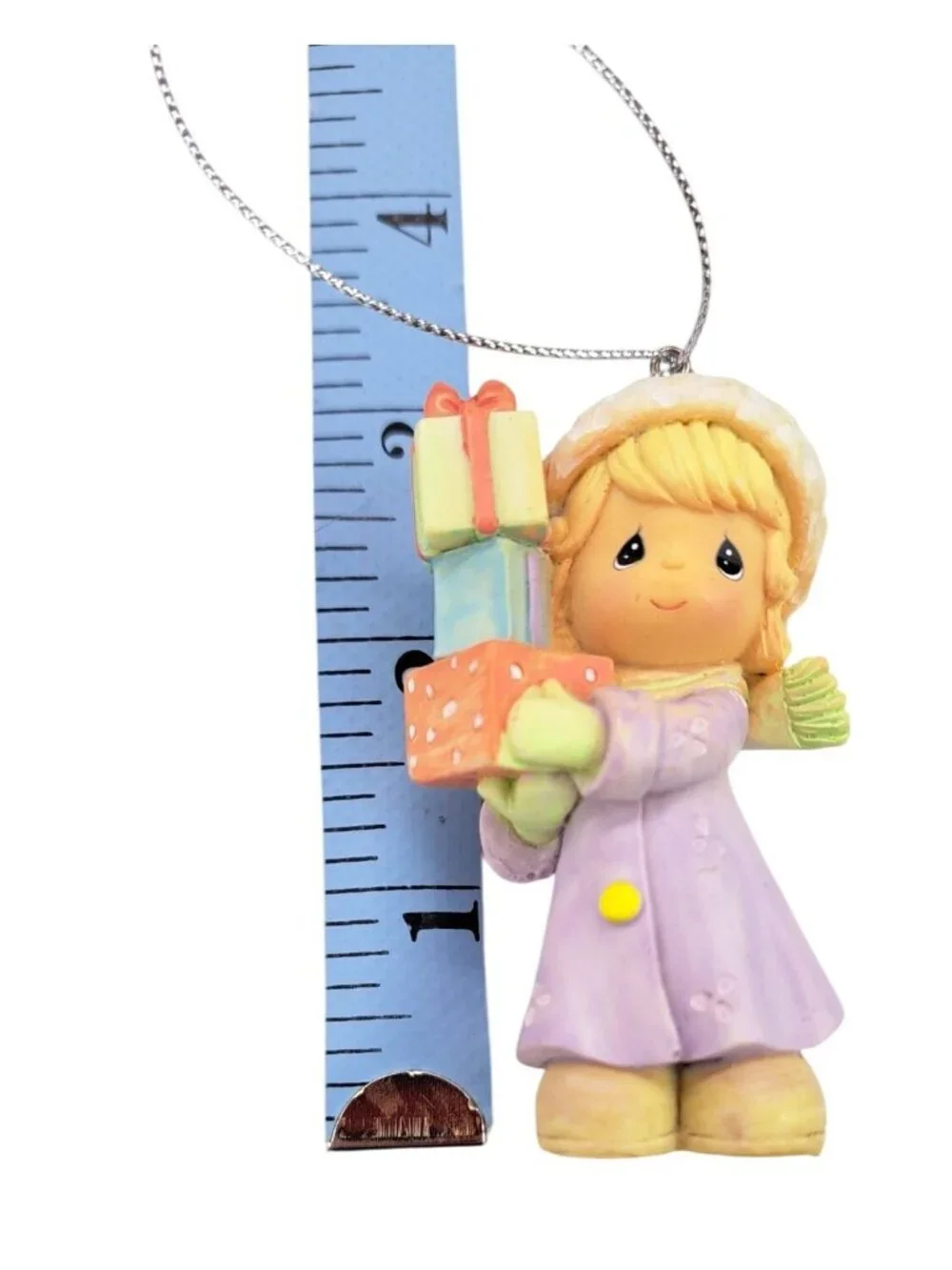 Vintage Precious Moments Christmas Ornament Girl Holding Gift Purple Coat Blonde - Picture 8 of 8